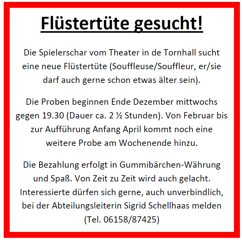 Stellenanzeige Souffleuse Theater in de Tornhall 2017